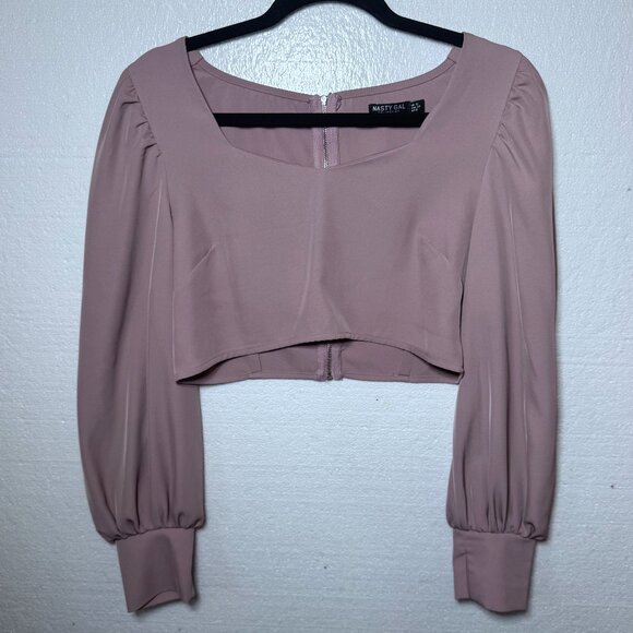 Nasty Gal Women's Size 8 Pink Long Sleeve Cropped Crop Top Square Neck Zipper - Picture 1 of 9